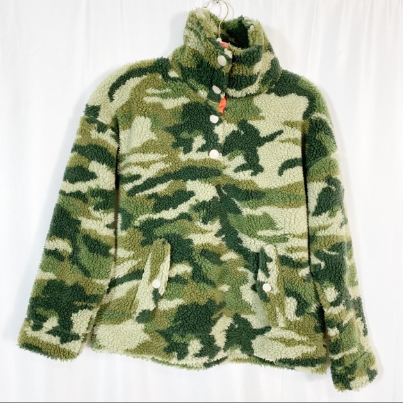 J. Crew Vintage Sherpa Fleece Pullover Jacket Camo Camouflage Olive Army Green - Picture 6 of 16